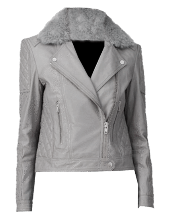 Sovelle Genuine Leather Biker Jacket For Women With Shearling Fur Collar Quilting Design Long Sleeves Gray