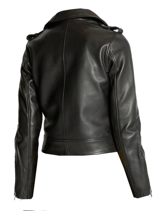 Calithra Women's Biker Jacket Genuine Leather Long Sleeves Silver Detailing Motorcycle Moto Black - Image 2