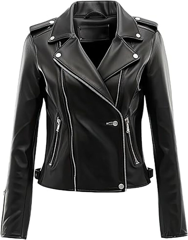 Women Black Genuine Sheepskin Stylish Lapel Collar Outfit Slim-fit Motorcycle Leather Jacket