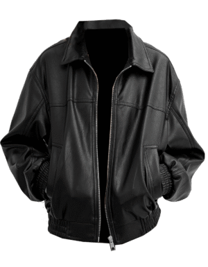 Avendra Genuine Leather Bomber Jacket For Women With Drop Shoulder Shirt Collar Loose Fitting Black
