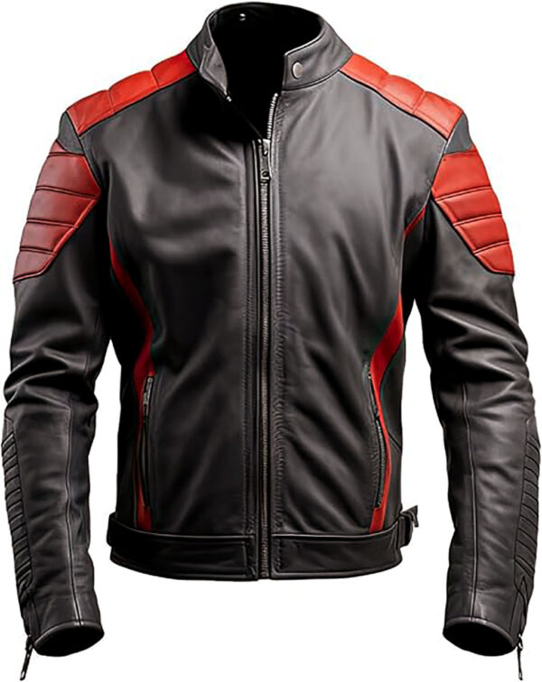 Mens Black and RED Genuine Sheepskin Classy Round Collar Rider Biker Outfit Slim-fit Zip-up Leather Jacket