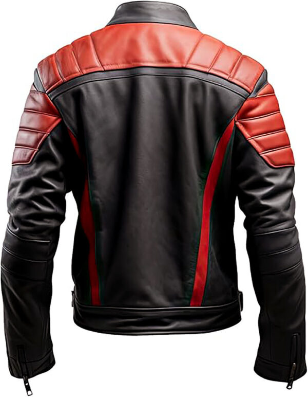 Mens Black and RED Genuine Sheepskin Classy Round Collar Rider Biker Outfit Slim-fit Zip-up Leather Jacket - Image 2