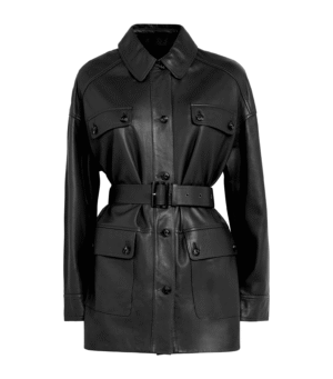 Women’s Safari Leather Jacket Genuine Leather Multiple Pockets Waist Belt Plus Size Black