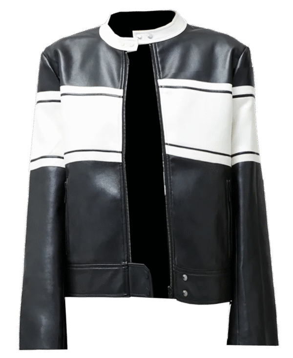 Zentera Contrast Genuine Leather Jacket Women Black and White Contrast and Stand Collar Outerwear - Image 2