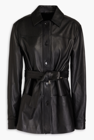 Thalira Genuine Leather Motorcycle Coat for Women Slit Pockets Adjustable Waist Belt Plus Size Black