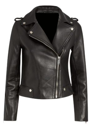 Calithra Women's Biker Jacket Genuine Leather Long Sleeves Silver Detailing Motorcycle Moto Black