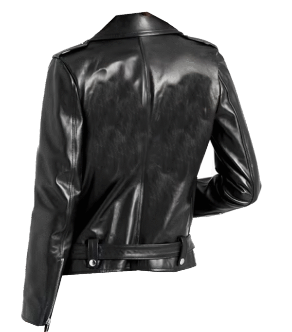 Ylunara Women’s Classic Biker Jacket Asymmetrical Motorcycle Style Genuine Leather with Hem Belt Black - Image 2