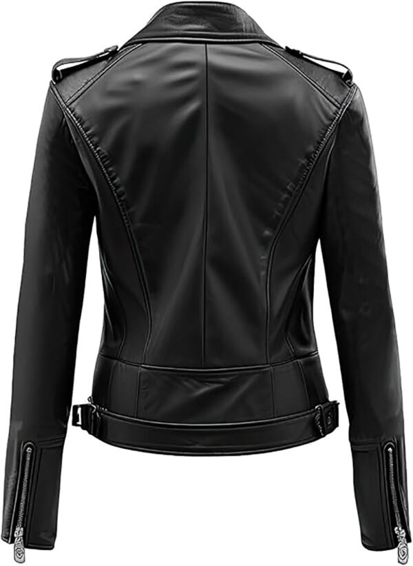 Women Black Genuine Sheepskin Stylish Lapel Collar Outfit Slim-fit Motorcycle Leather Jacket - Image 2