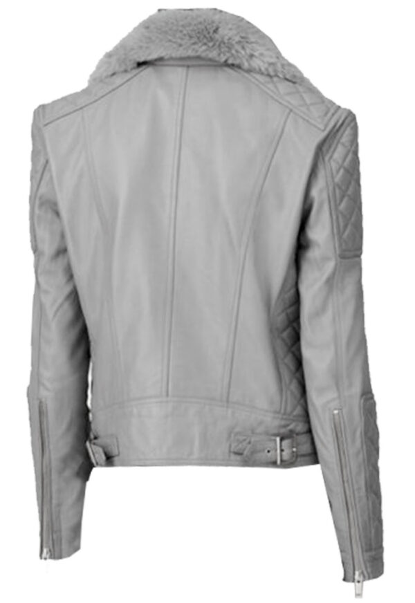 Sovelle Genuine Leather Biker Jacket For Women With Shearling Fur Collar Quilting Design Long Sleeves Gray - Image 2