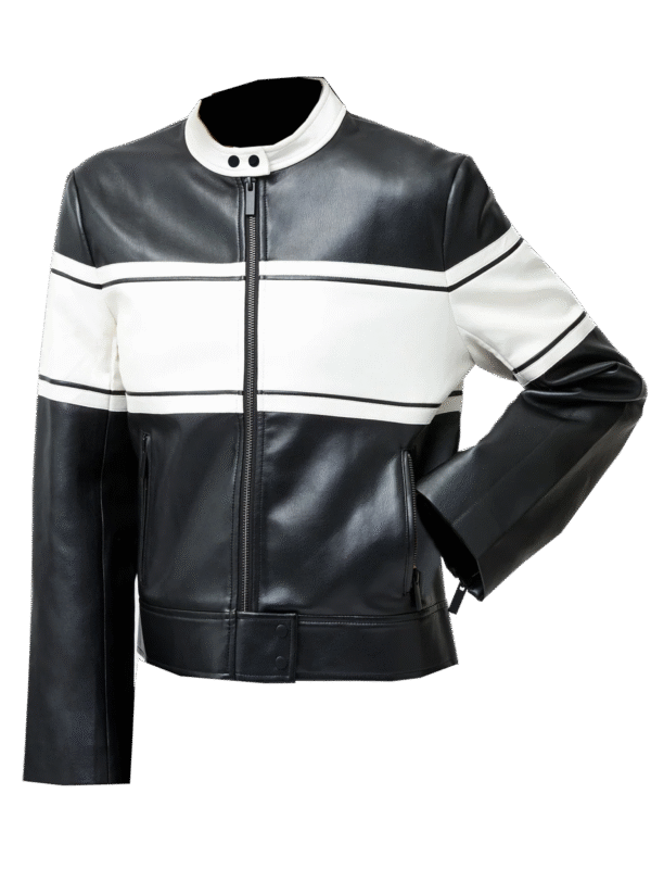 Zentera Contrast Genuine Leather Jacket Women Black and White Contrast and Stand Collar Outerwear