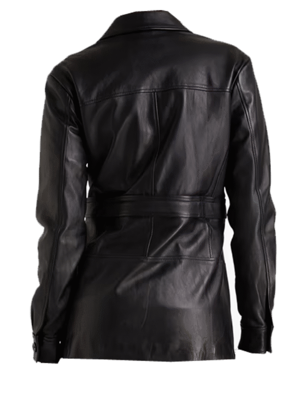 Thalira Genuine Leather Motorcycle Coat for Women Slit Pockets Adjustable Waist Belt Plus Size Black - Image 2