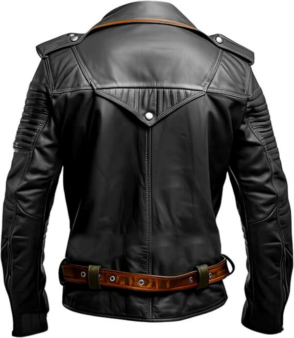 Drunzil Biker Jacket For Men Genuine Leather Motorcycle Style with Tan Contrast Waist Buckle Belt Black - Image 2