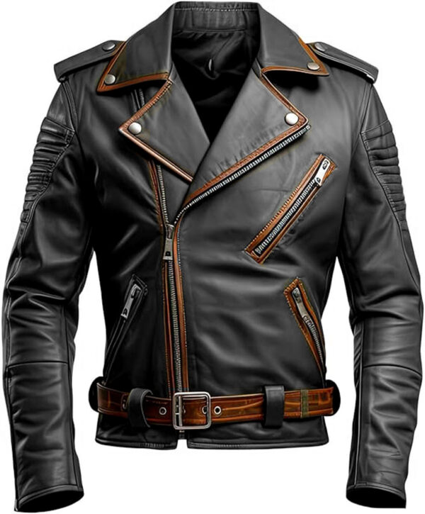 Drunzil Biker Jacket For Men Genuine Leather Motorcycle Style with Tan Contrast Waist Buckle Belt Black