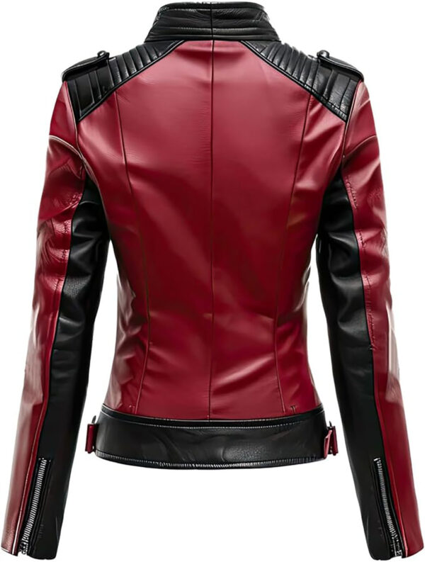 Phelora Biker Jacket For Women Genuine Leather Motorcycle Style Quilted Design Maroon and Black Contrast - Image 2