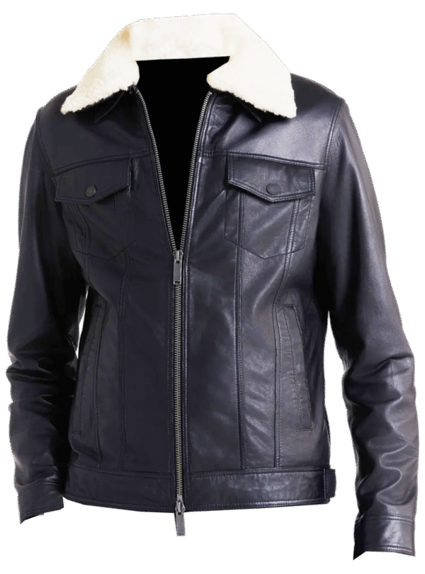 Nylvor Men's Genuine Leather Jacket Black Shirt-Style with Fur Collar