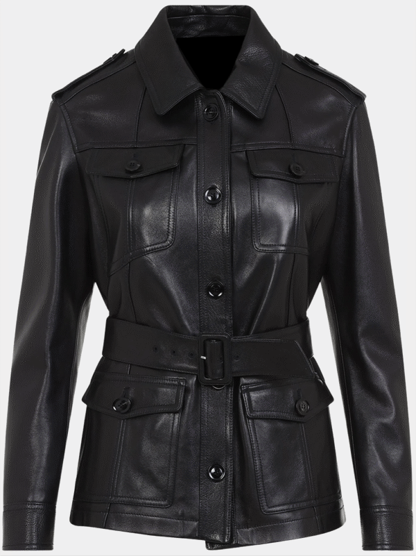 Alyvane Women’s Genuine Lambskin Leather Jacket Four Flap Pockets Waist Belt Plus Size Black