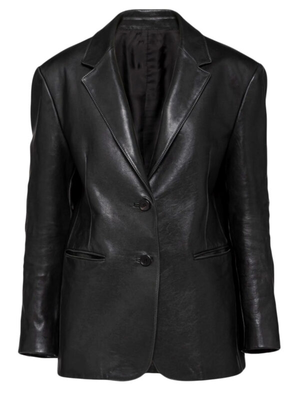 Classic Women’s Genuine Leather Blazer Coat Two-Button Design Notched Lapel Style Plus Size Black