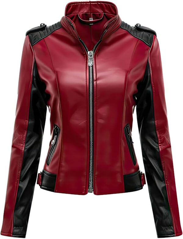 Phelora Biker Jacket For Women Genuine Leather Motorcycle Style Quilted Design Maroon and Black Contrast