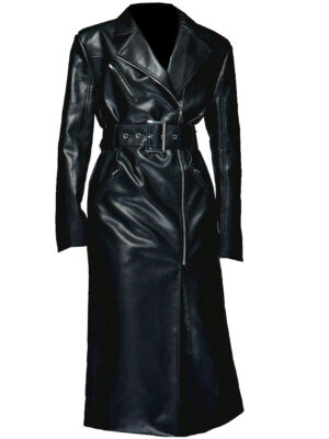 Dravex Genuine Leather Full-Length Trench Coat for Women With Zipper Closure and Waist Belt Black