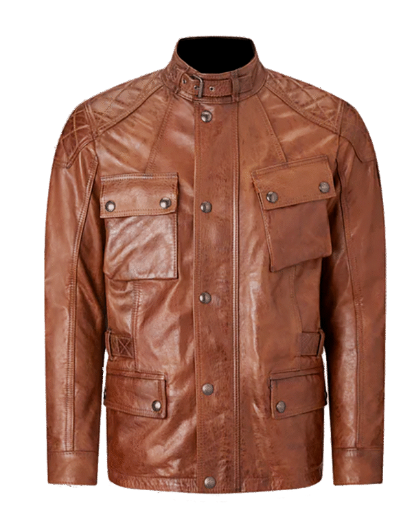 Military Style Genuine Leather Jacket Quilted Shoulders Patch Pockets Tan For Men Extra Size