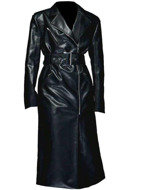 Dravex Genuine Leather Full-Length Trench Coat for Women With Zipper Closure and Waist Belt Black