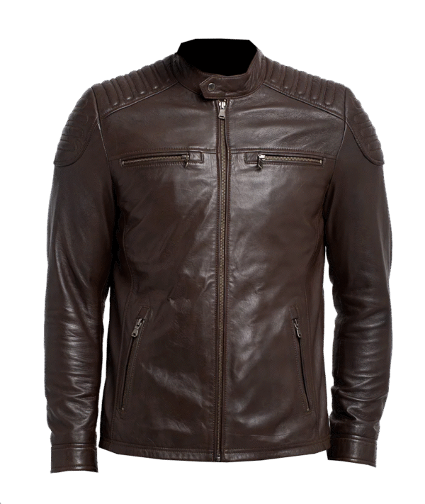 Flunark Men's Genuine Leather Motorcycle Jacket Brown Biker Style with Quilted Shoulders