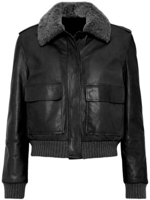 Tynara Women’s Bomber Jacket with Shearling Fur Collar Flap Pockets Real Leather Black