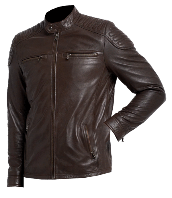 Flunark Men's Genuine Leather Motorcycle Jacket Brown Biker Style with Quilted Shoulders - Image 2