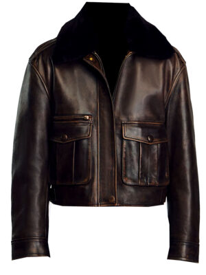 Sandri Lambskin Distressed Leather Jacket for Women Black Shearling Removable Collar Vintage Rub-Off Finish Brown
